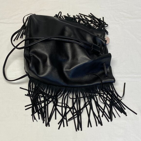 Victoria's Secret Faux Leather Fringed Slide Closure Backpack Tote Black NWT - Picture 11 of 15